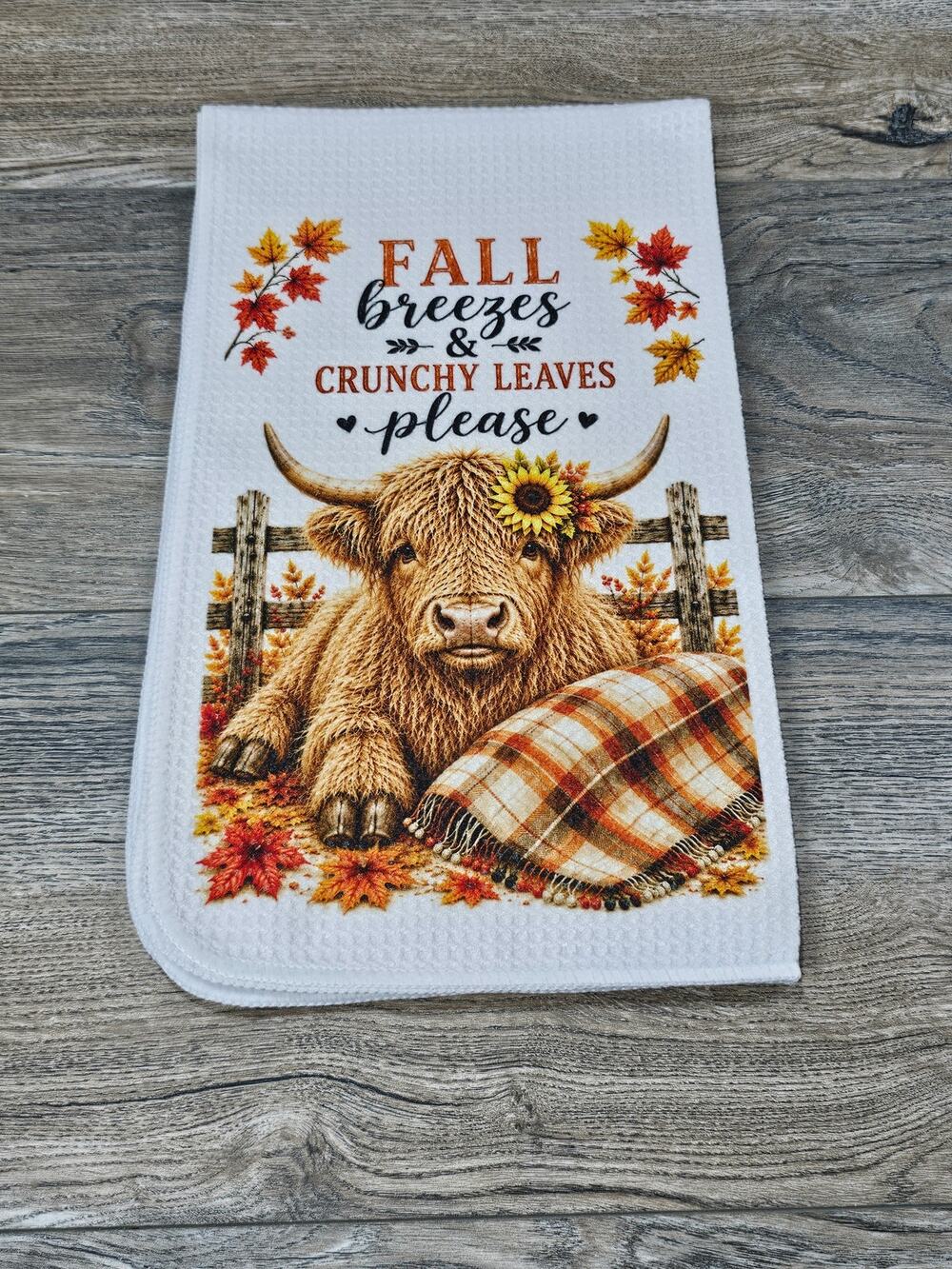 Fall Breezes & Crunchy Leaves Highland Cow Kitchen Towel Farmhouse Decor